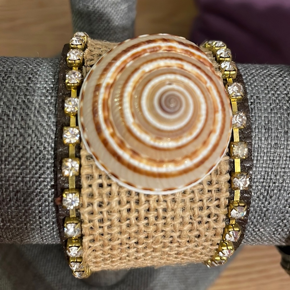 Shell burlap and crystal bracelet. 1 1/2" wide